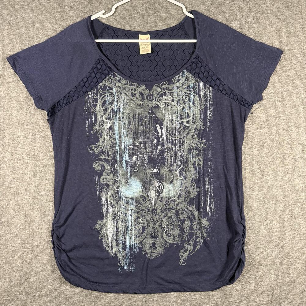 Faded Glory Womens XXL 2XL Navy Graphic Mesh Lace Back Ruched Side BOHO Top